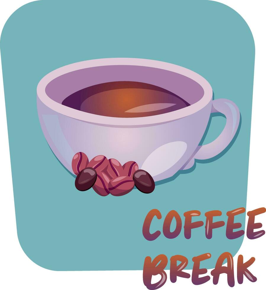 café descanso pegatina. linda dibujos animados taza con café frijoles vector ilustración. café descanso bandera