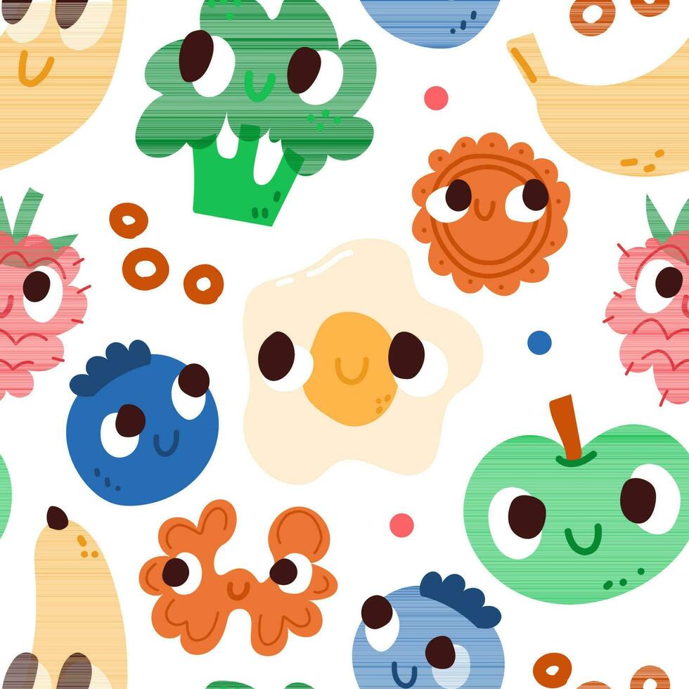 Funny colorful pattern with food characters. Seamless vector wallpaper.