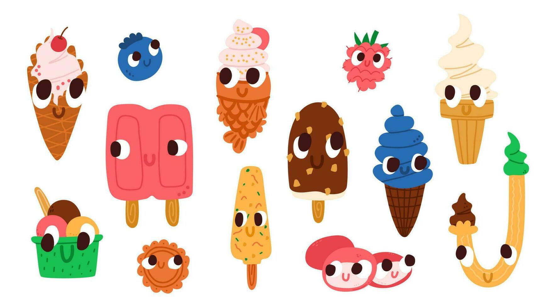conjunto de gracioso varios hielo crema caracteres. vector dibujos animados ilustraciones para niños productos diseño. suave atender, mochi hielo crema, kulfi, j cono hielo crema.