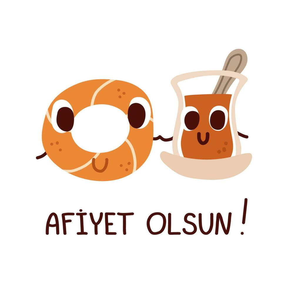 Turkish traditional tea and simit. Afiyet Olsun lettering. Vector illustration.