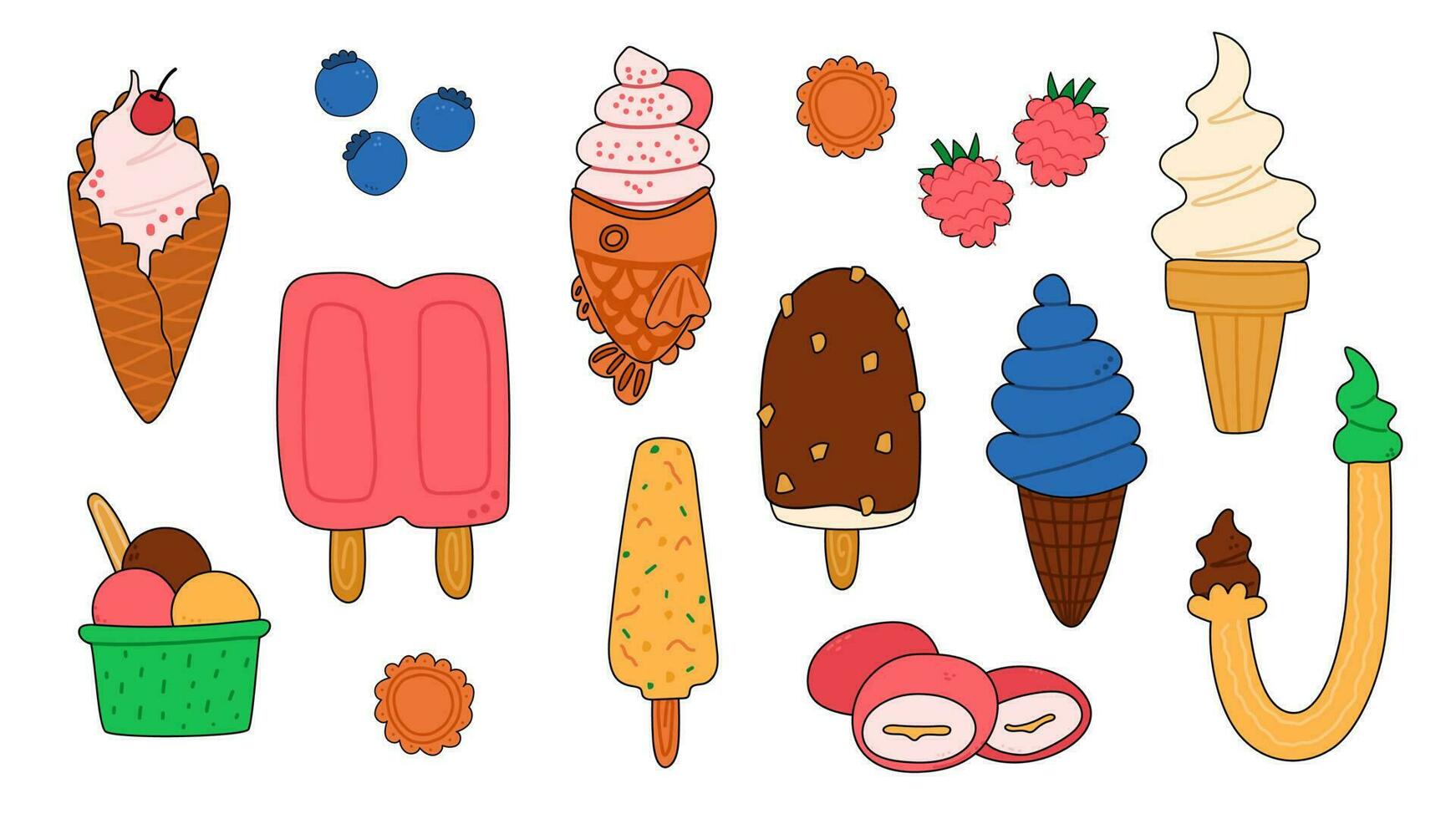 Set of various traditional ice creams. Vector illustrations. Soft serve, mochi ice cream, kulfi, J cone ice cream clip-art.
