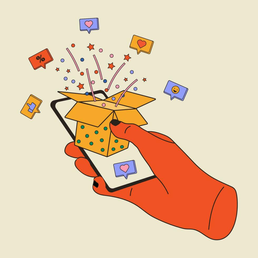 Hand holding phone with present box in it. Gift give away. Communication, social networking concept. Vector illustration in flat style