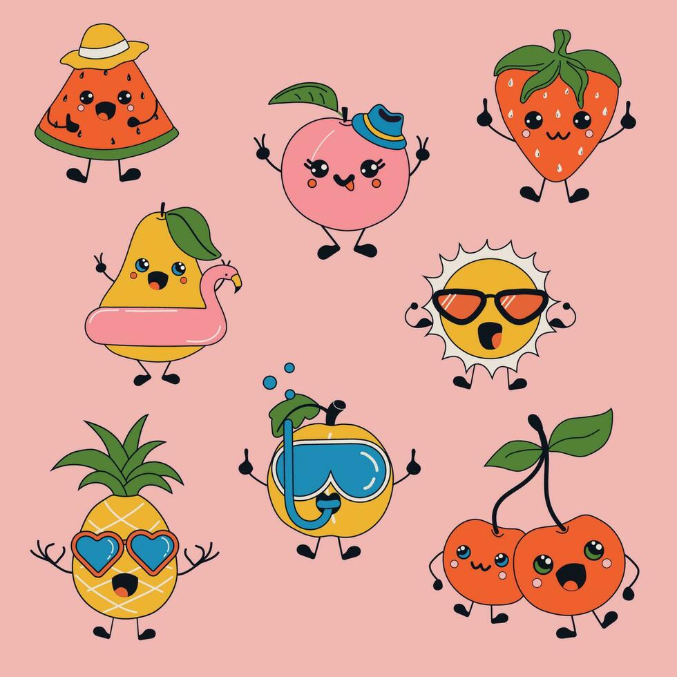 Set of Cute happy funny fruits with kawaii eyes . Vector illustration isolated