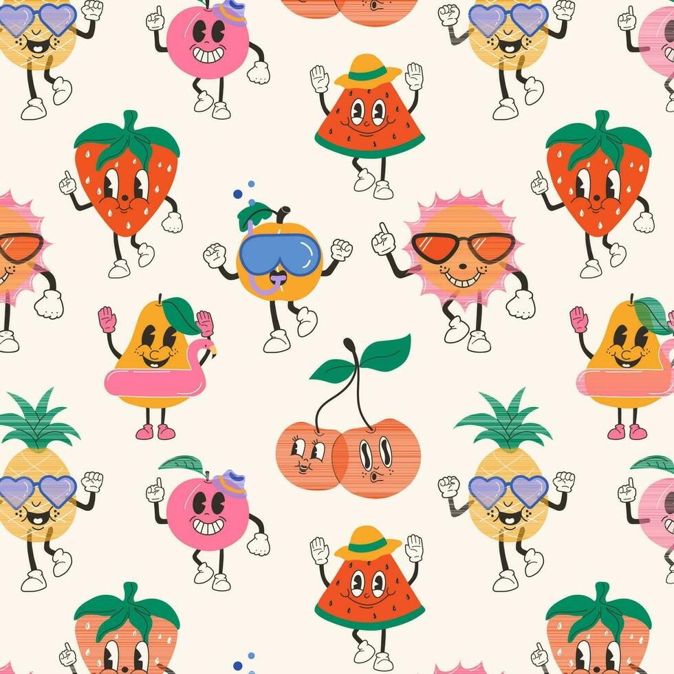 Seamless pattern with Cute happy funny fruits 30s cartoon mascot character 40s, 50s, 60s old animation style. vector