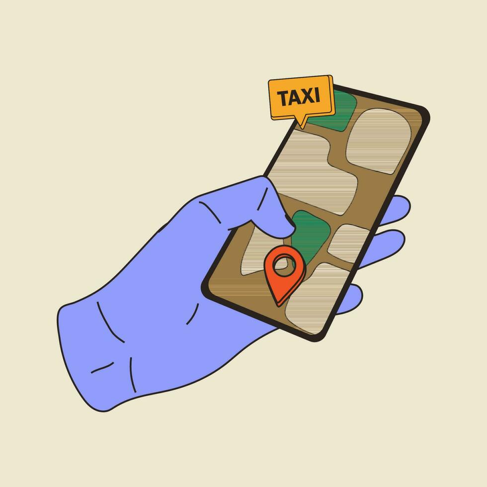 Hand holding phone with app taxi on screen and decorative design elements. Vector illustration in flat style