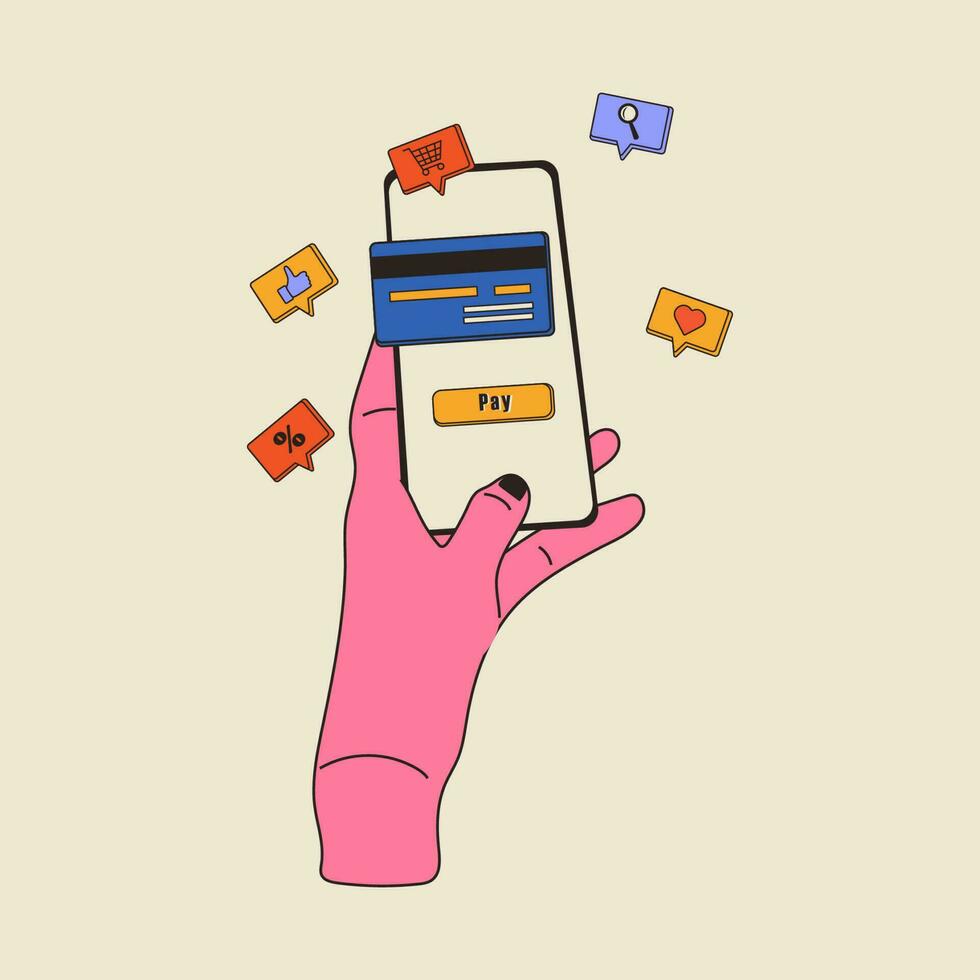 Hand holding phone with pay on screen and decorative design elements. Vector illustration in flat style