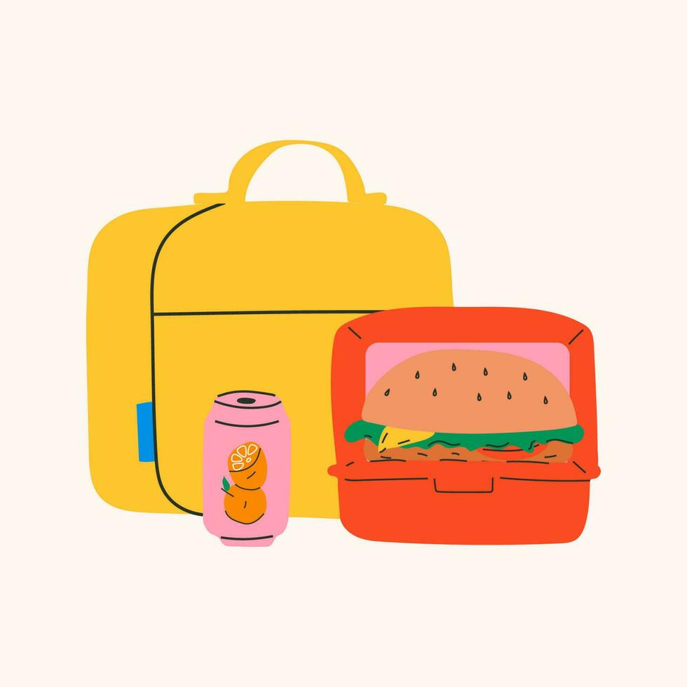 School lunch box, container. Various food. Hand drawn Vector illustration. Isolated elements, design templates. Healthy food concept