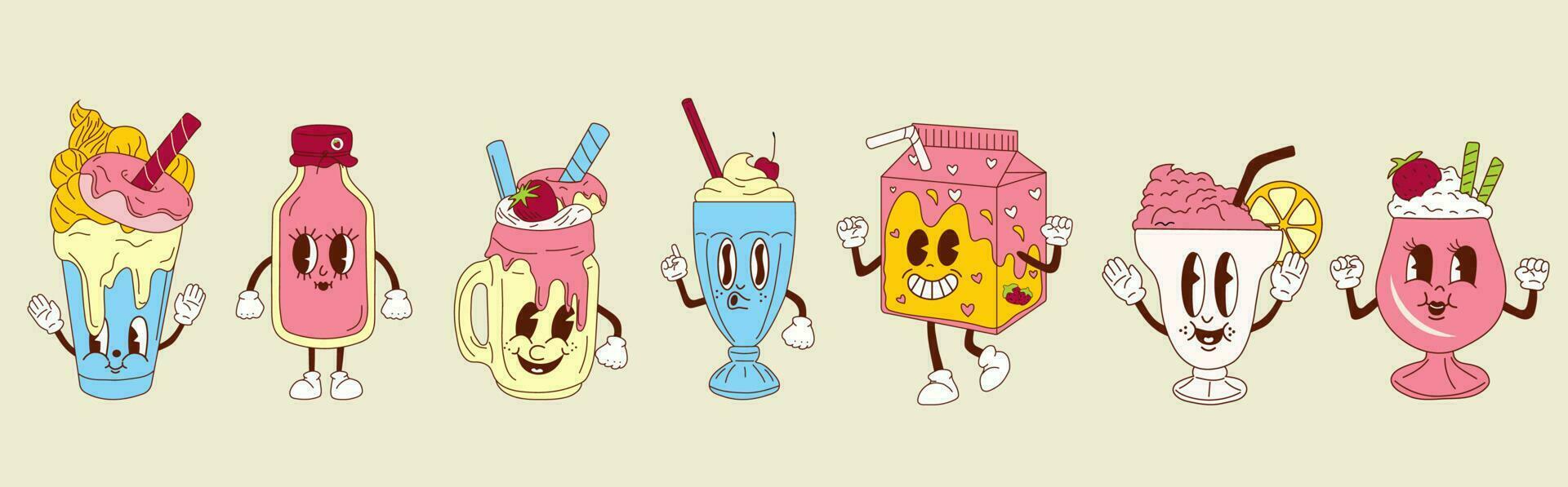 Set of Cute happy funny milkshakes 30s cartoon mascot character 40s, 50s, 60s old animation style. vector