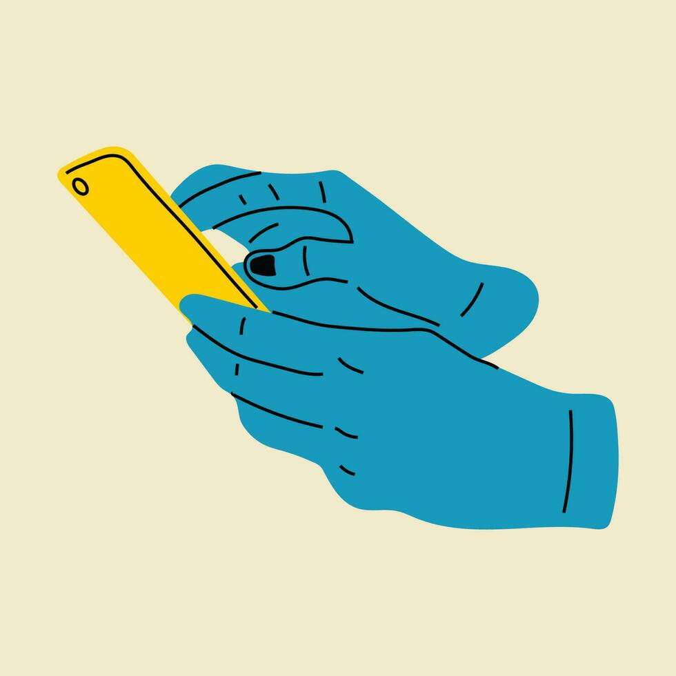 Hand holding smartphone. Vector illustration in flat style