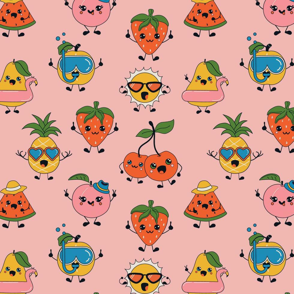 sin costura modelo con linda contento gracioso frutas con kawaii ojos vector