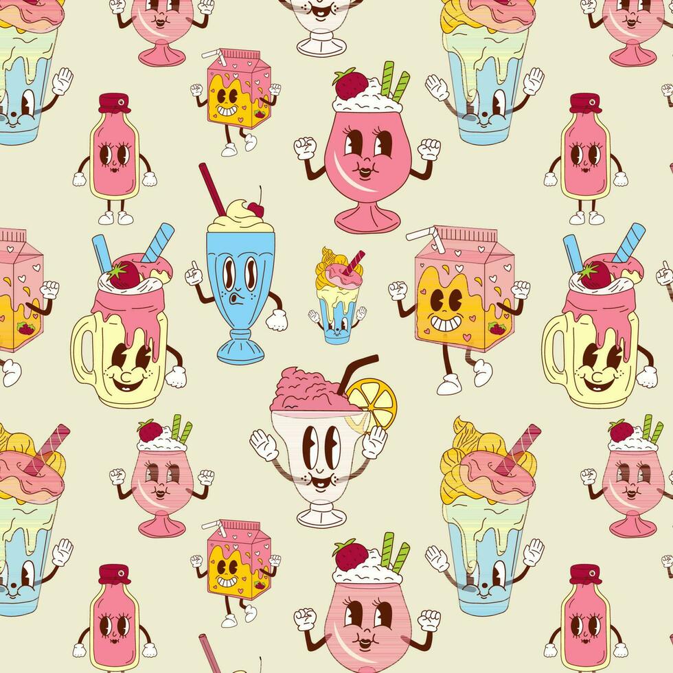 Seamless pattern with Cute happy funny milkshake  30s cartoon mascot character 40s, 50s, 60s old animation style. vector