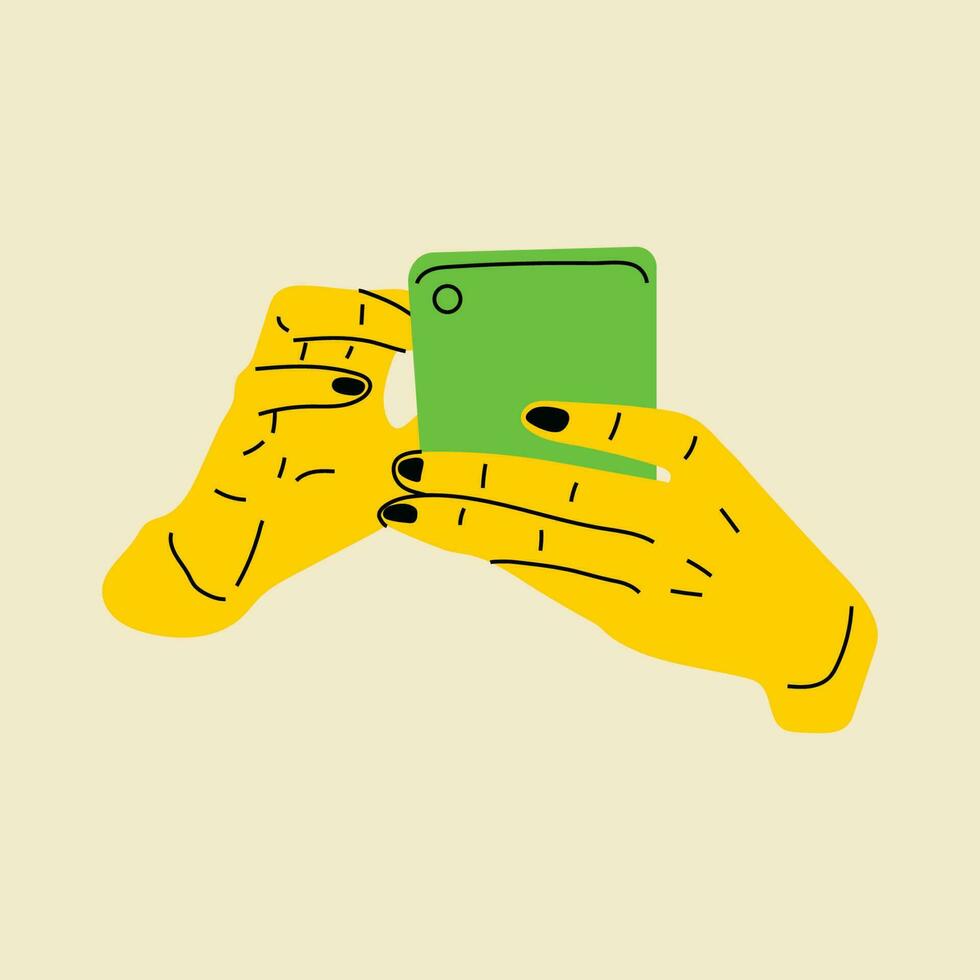 Hand holding smartphone. Vector illustration in flat style