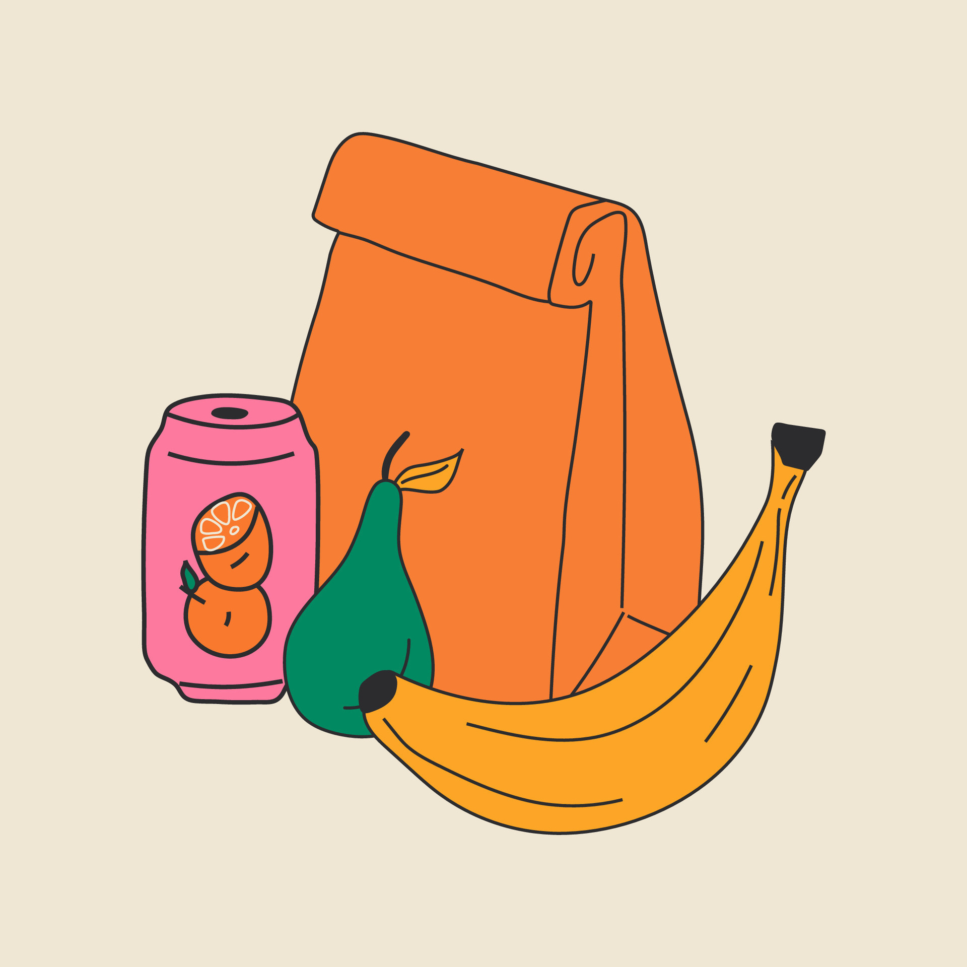 School lunch box, paper bag. Various food. Hand drawn Vector