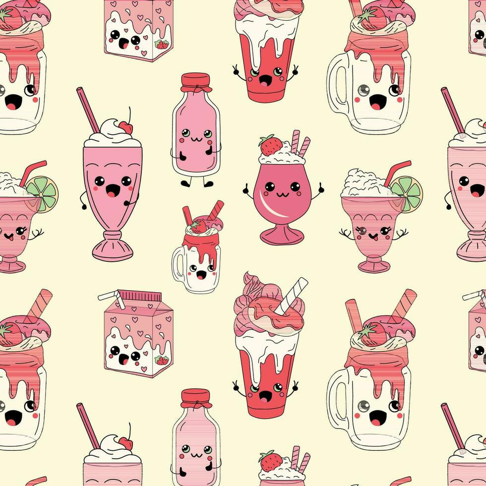 Seamless pattern with Cute happy funny milkshakes with kawaii eyes vector