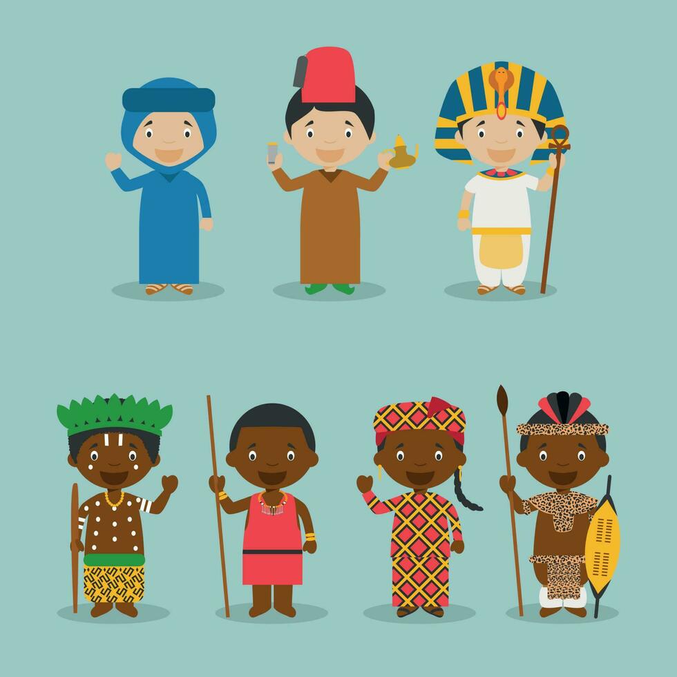 niños y nacionalidades de el mundo vector. África conjunto 2. conjunto de 7 7 caracteres vestido en diferente nacional disfraces Marruecos, Argelia, Egipto, congo, Kenia-masai, mali y sur áfrica-zulú. vector