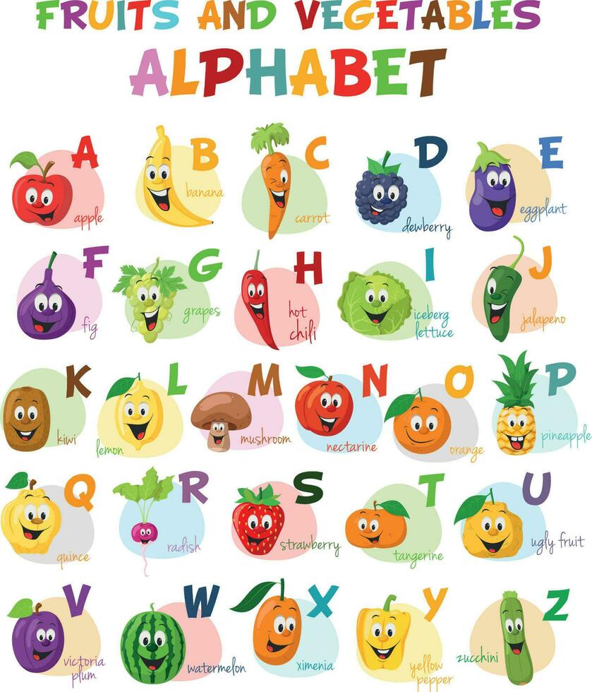 linda dibujos animados ilustrado alfabeto con gracioso frutas y vegetales caracteres. Inglés alfabeto. aprender a leer. aislado vector ilustración.