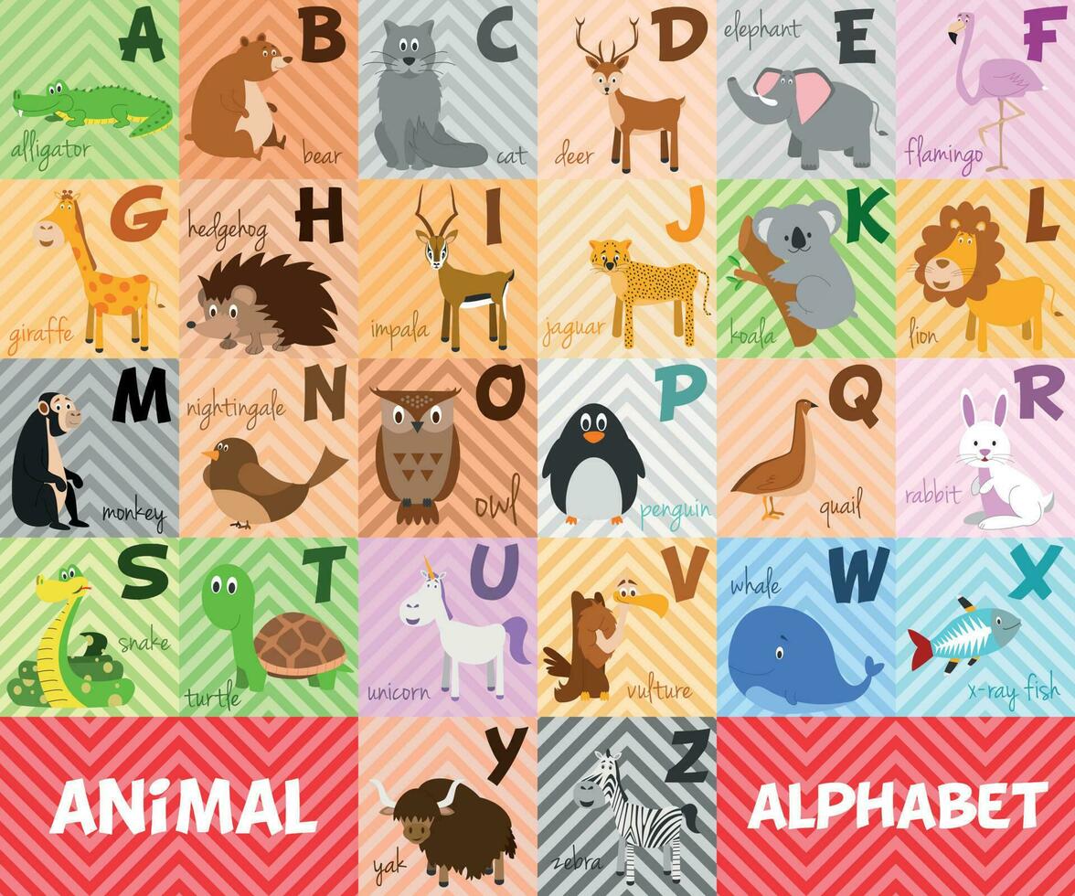 Cute cartoon zoo illustrated alphabet with funny animals. English alphabet. Learn to read. Isolated Vector illustration.