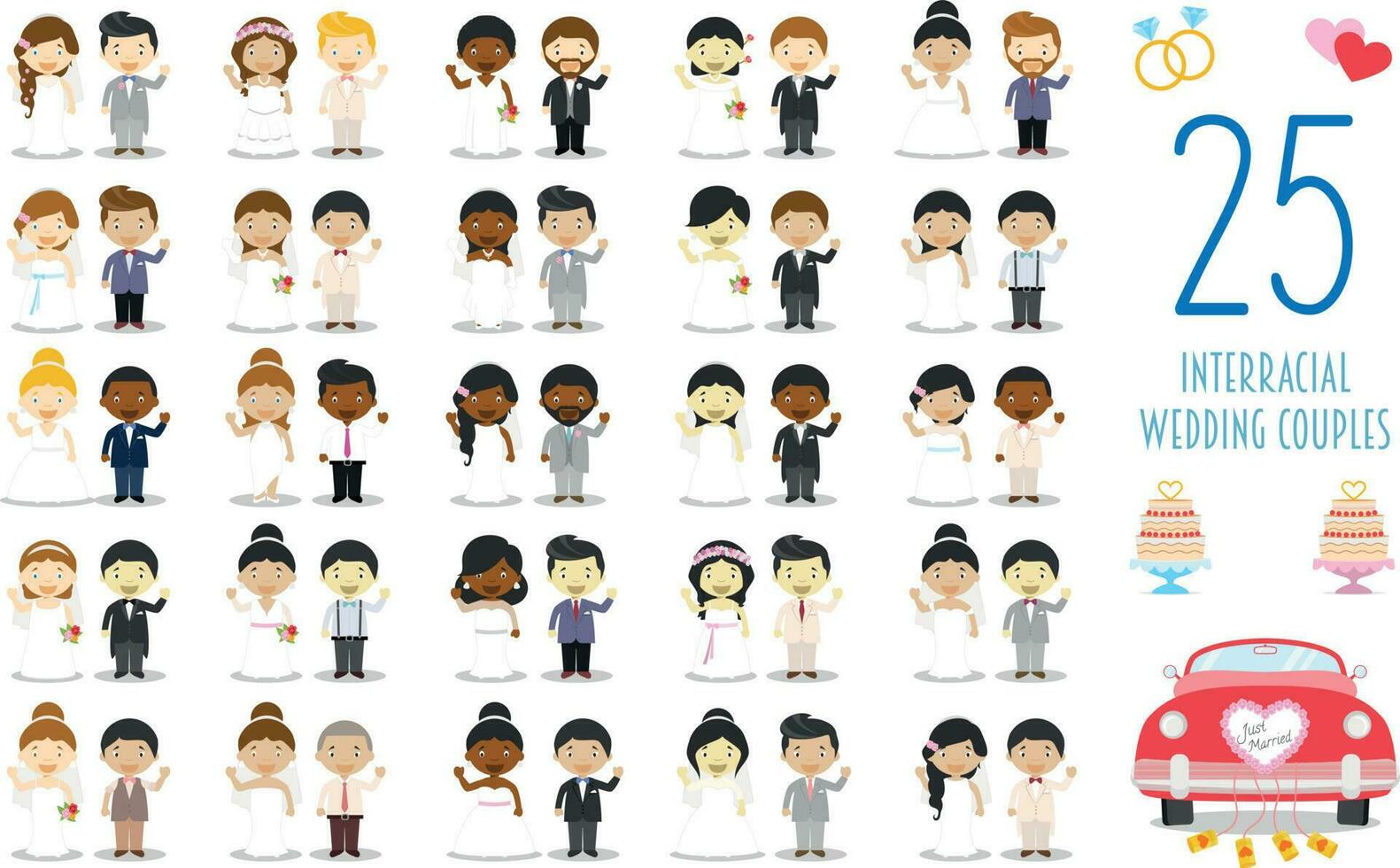 Set of 25 interracial wedding couples and nuptial icons in cartoon style vector