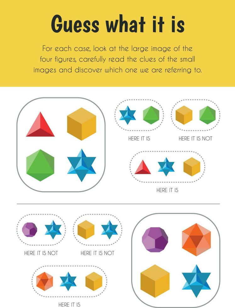 Guess what it is Educational Sheet. Primary module for Logic Reasoning. 5-6 years old. Educational Sheets Series vector