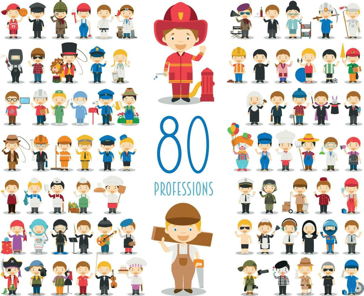 Kids Vector Characters Collection. Set of 80 different professions in cartoon style.