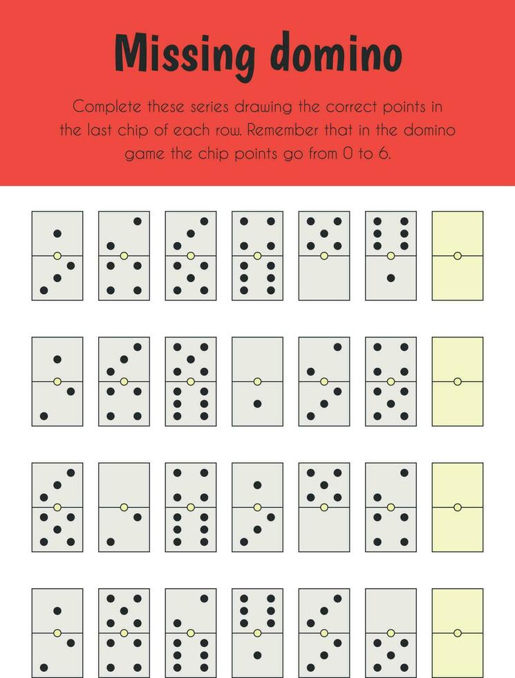 Missing domino Educational Sheet. Primary module for Logic Reasoning. 5-6 years old. Educational Sheets Series vector