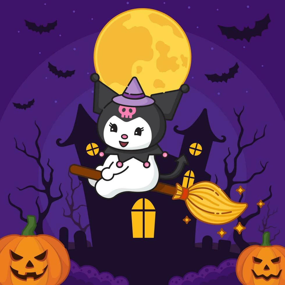 Cute Witch Rabbit Flying with Magic Broom vector