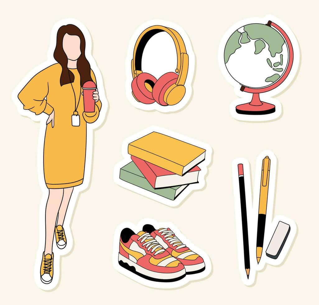 Student with some set of equipment stickers collection vector