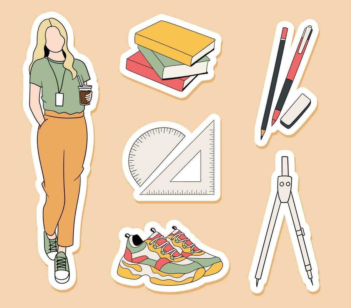 Student with some set of equipment stickers collection vector