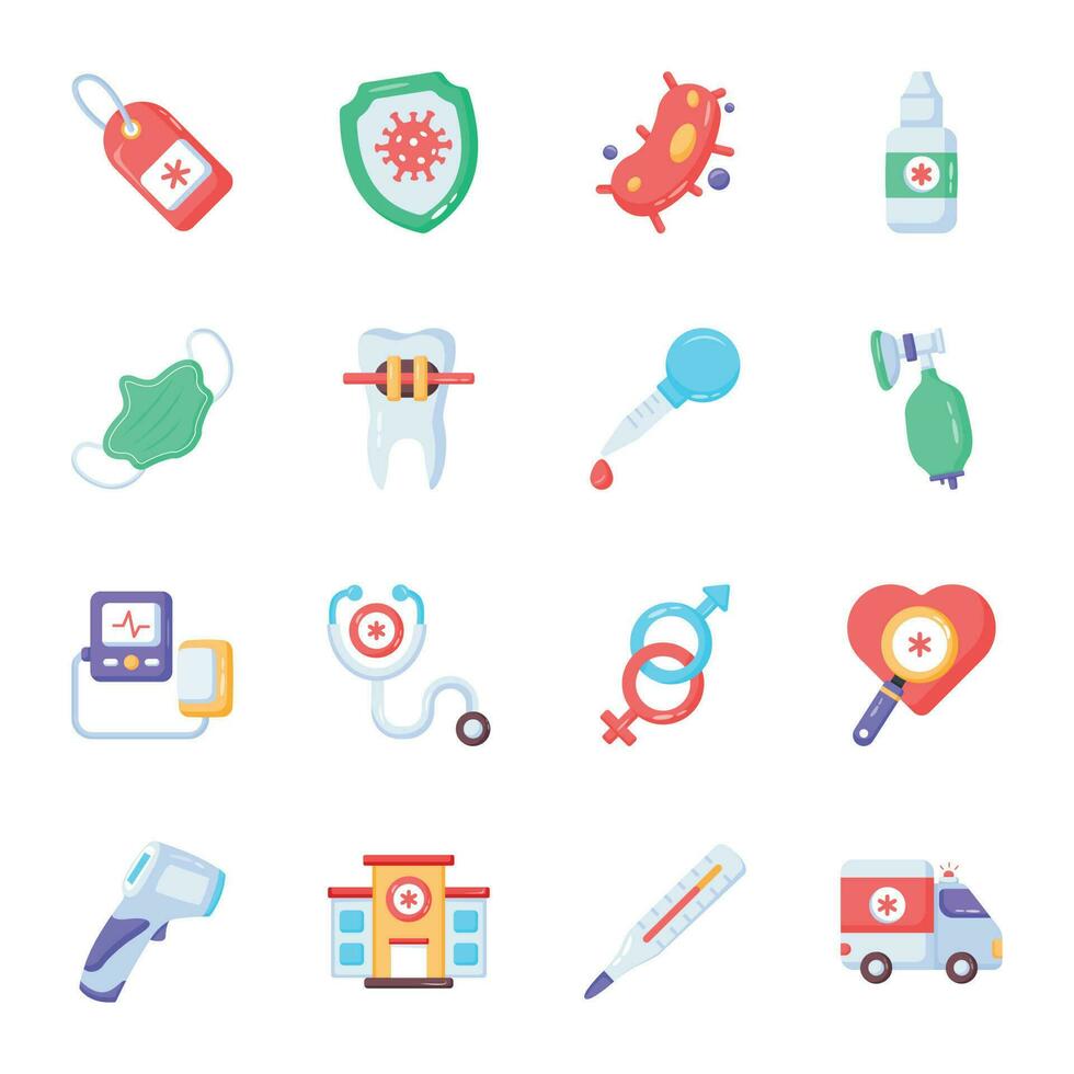 paquete de iconos planos de equipos médicos vector