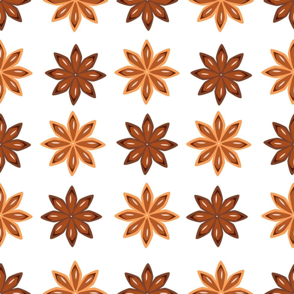 Star Anise seamless pattern. Dried Star Aniseed or lllicium Verum, Star anise dessert spice fruit and seeds. Vector illustration. Used for Seasoning in Cooking