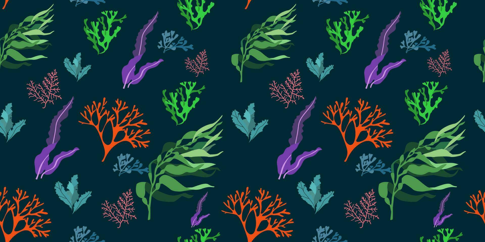 sin costura patrón, multicolor algas marinas. diseños para textiles, fondo de pantalla y huellas dactilares. minimalista linda algas marinas en oscuro antecedentes vector