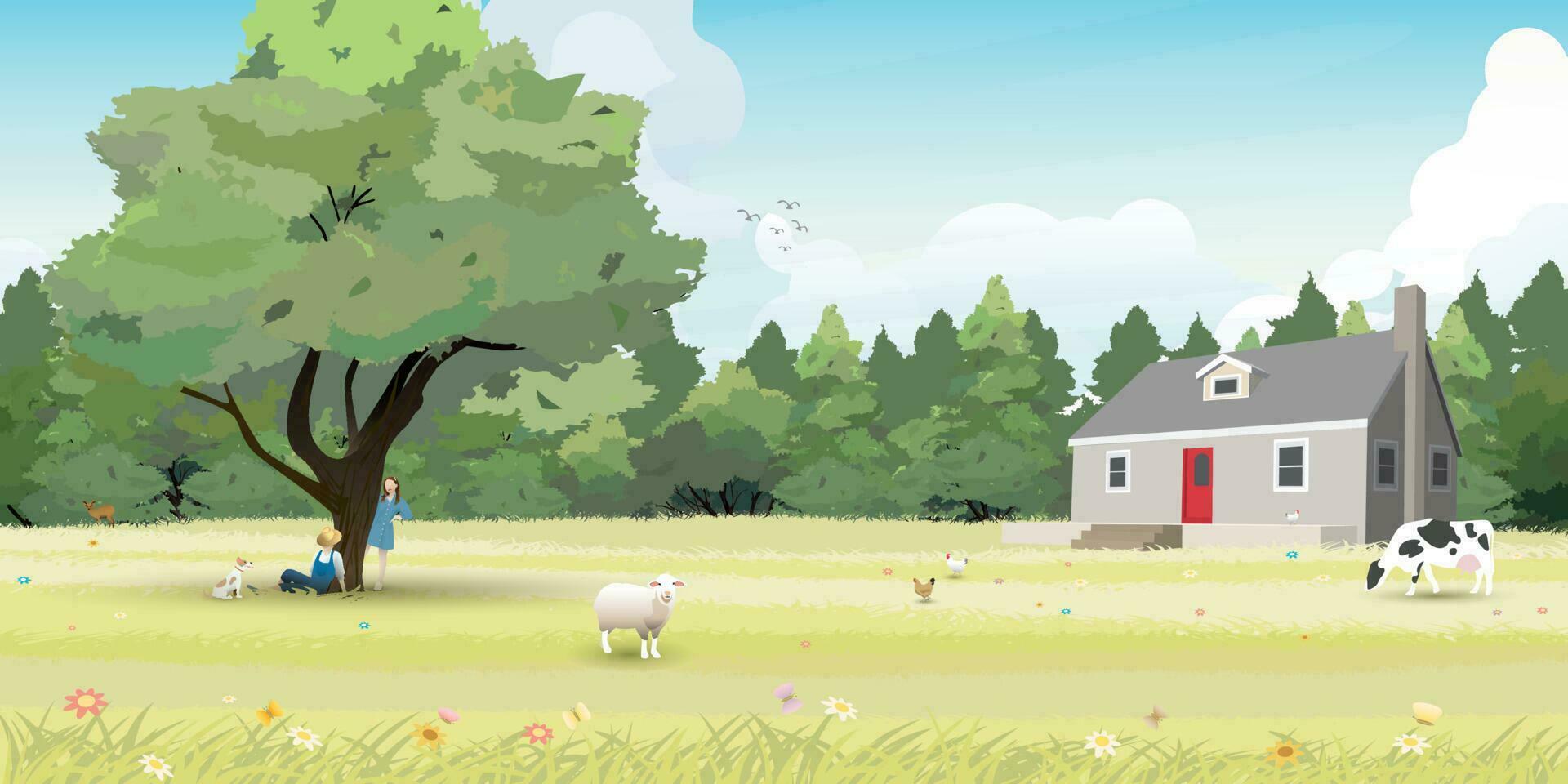 Rural landscape have people with them pet and country house vector illustration. Livestock landscape concept flat design.