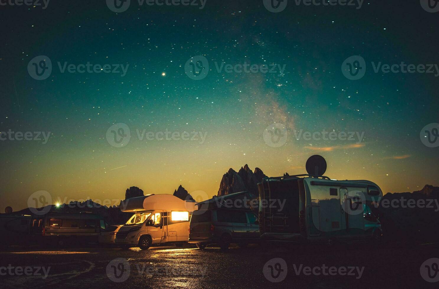 Mountain RV Park Motorhome Camping Under Starry Sky photo