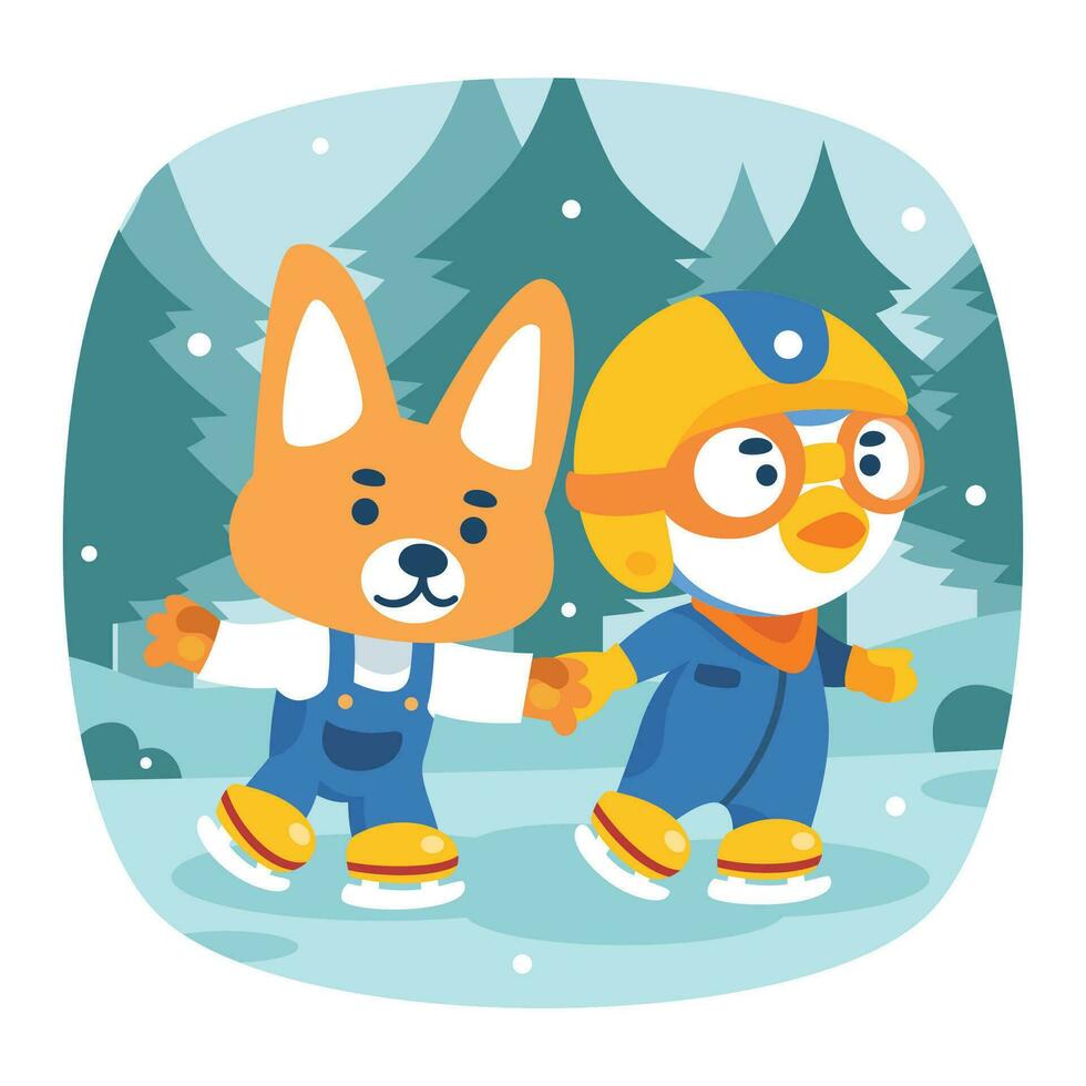 Little Penguin Skating With Fox Friend vector