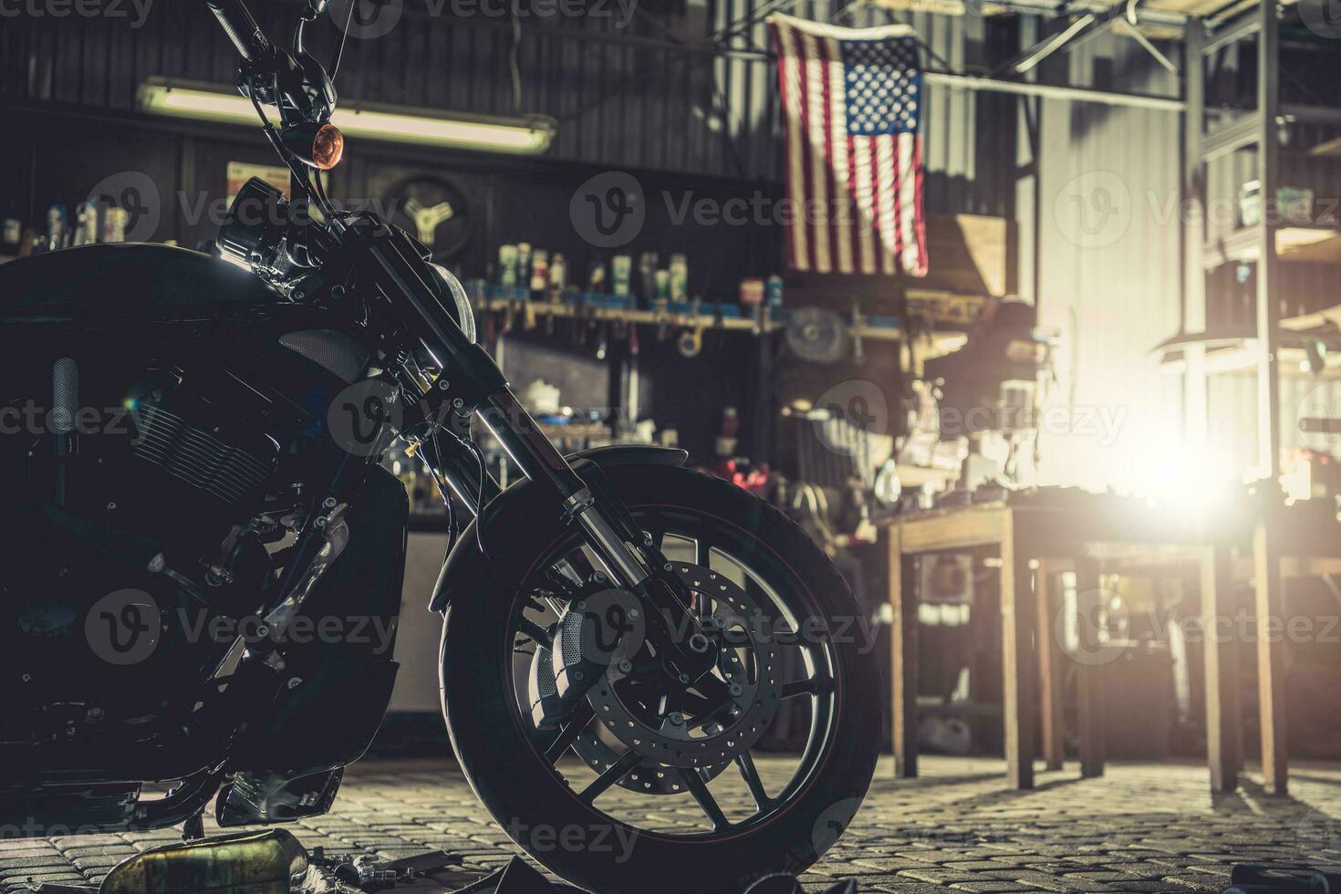 Modern Motorcycle in a Garage photo