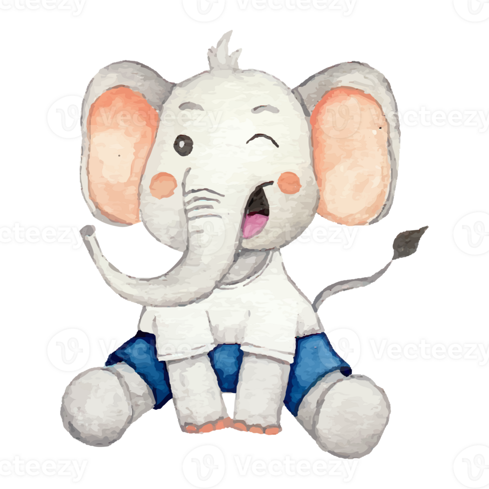 Cute elephant with a flower cartoon hand drawn Clip art Element Transparent Background png