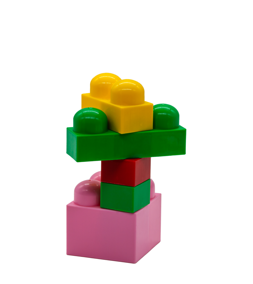 Children's toy constructor lego different sizes. Red, pink and yellow and green blocks with no background. Photo in high quality. PNG