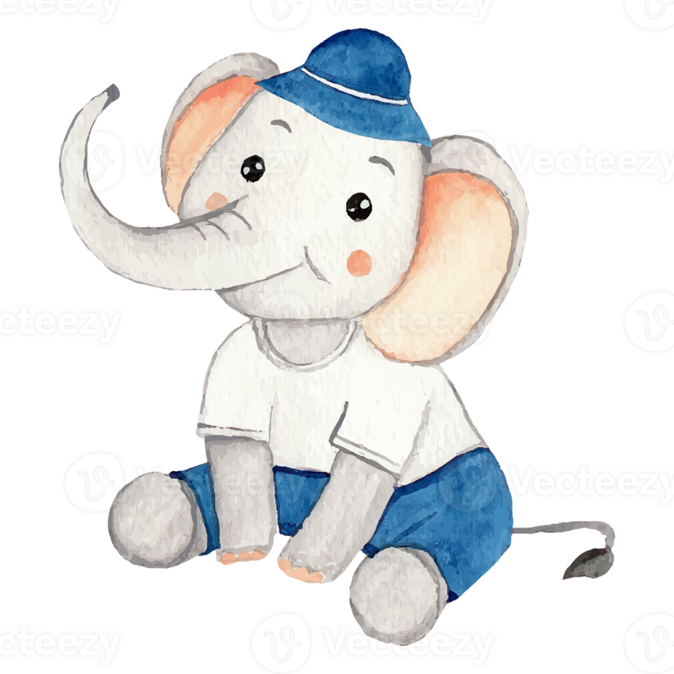 Cute elephant with a flower cartoon hand drawn Clip art Element Transparent Background png