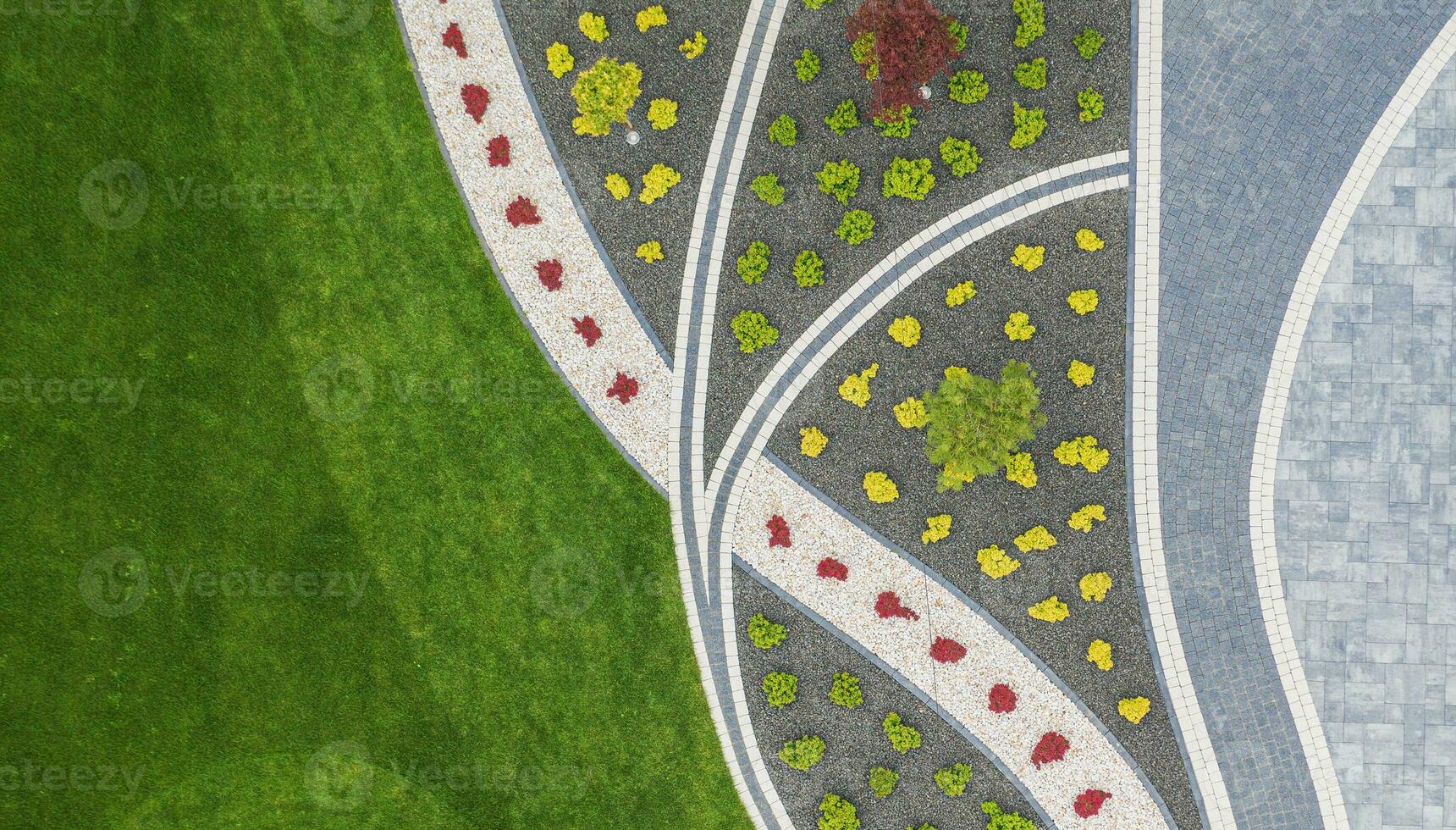 Aerial View of Residential Garden and Cobble Stone Driveway photo