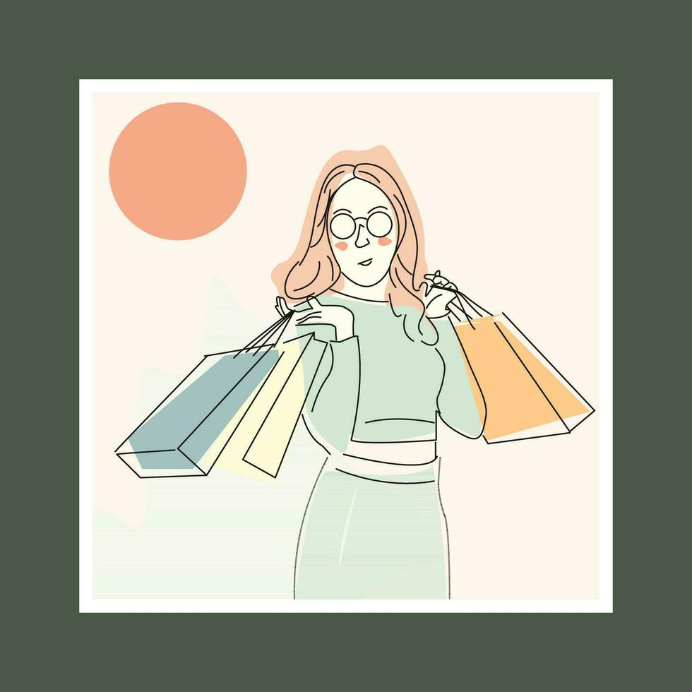 compras niña línea Arte vector ilustración