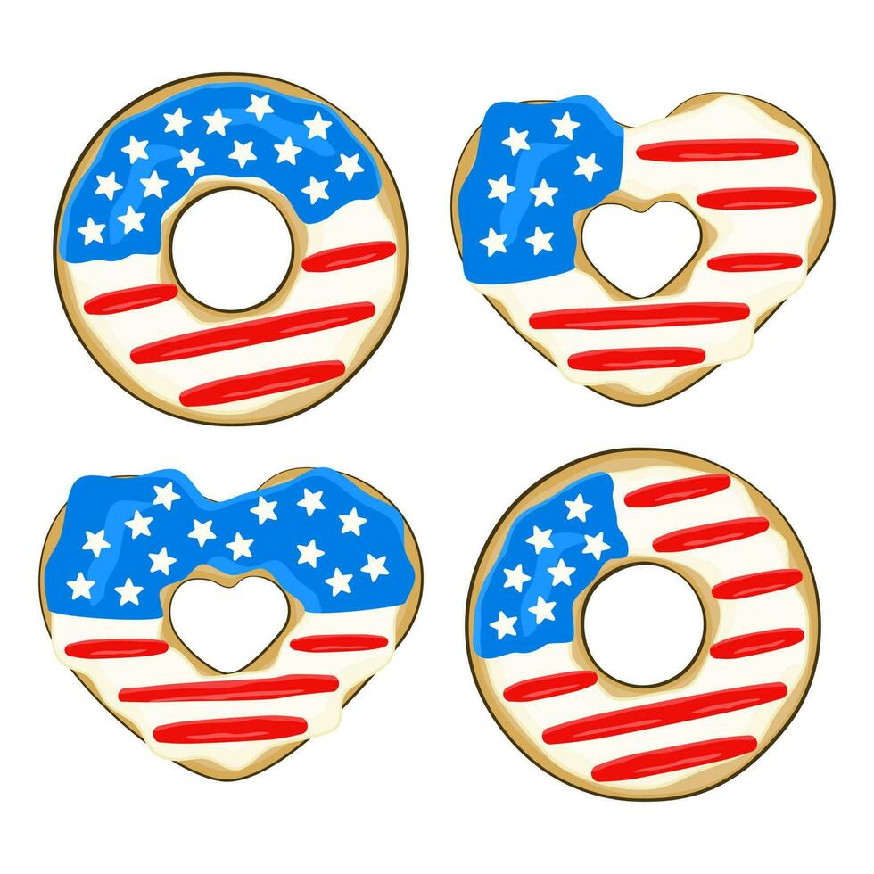 Set of donuts in colors of USA flag. 4th of July. National Donut Day. Independence Day vector