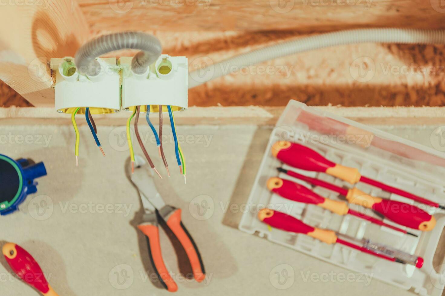 Electrical Tools On Workbench Close Up. photo