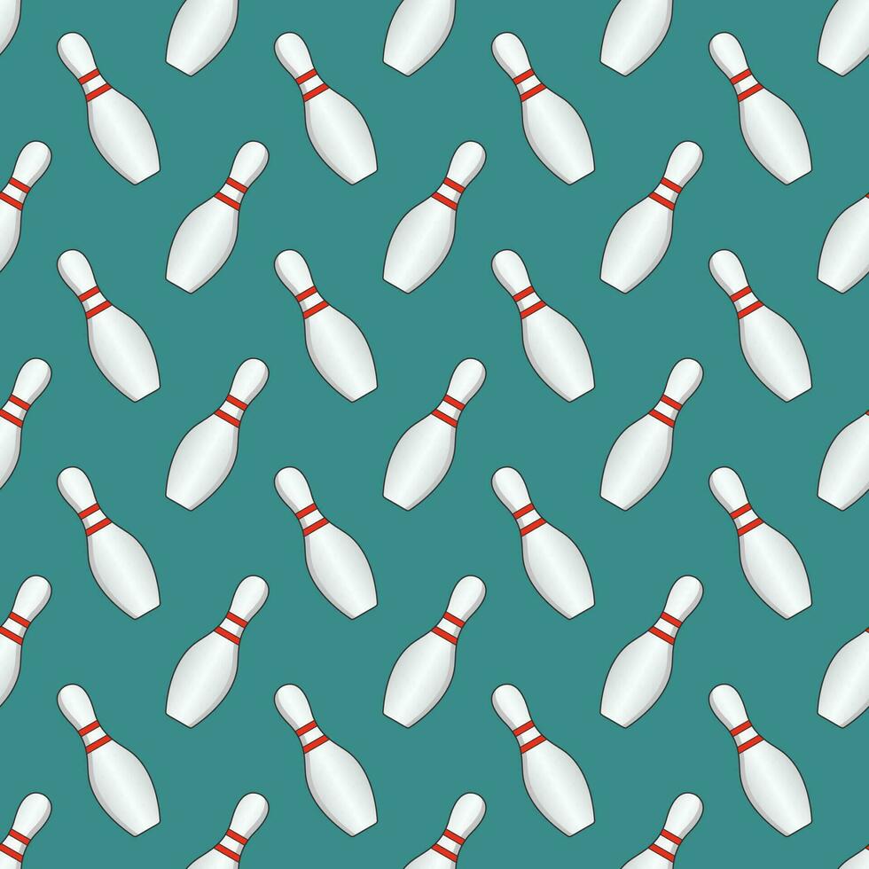 Vector striped bowling pins seamless pattern isolated on green background.