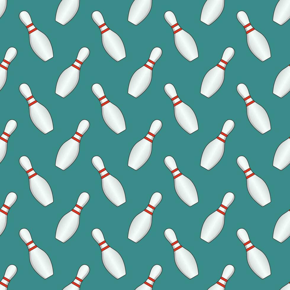 Vector striped bowling pins seamless pattern isolated on green background.