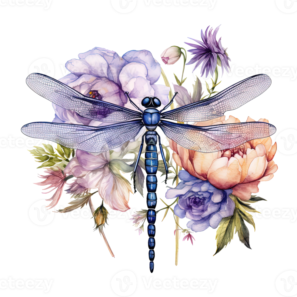 Watercolor dragonfly botanical illustration. Illustration png