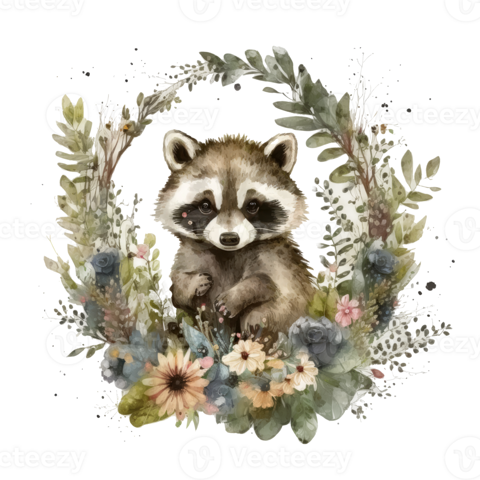 Cute watercolor baby raccoon cutout. png