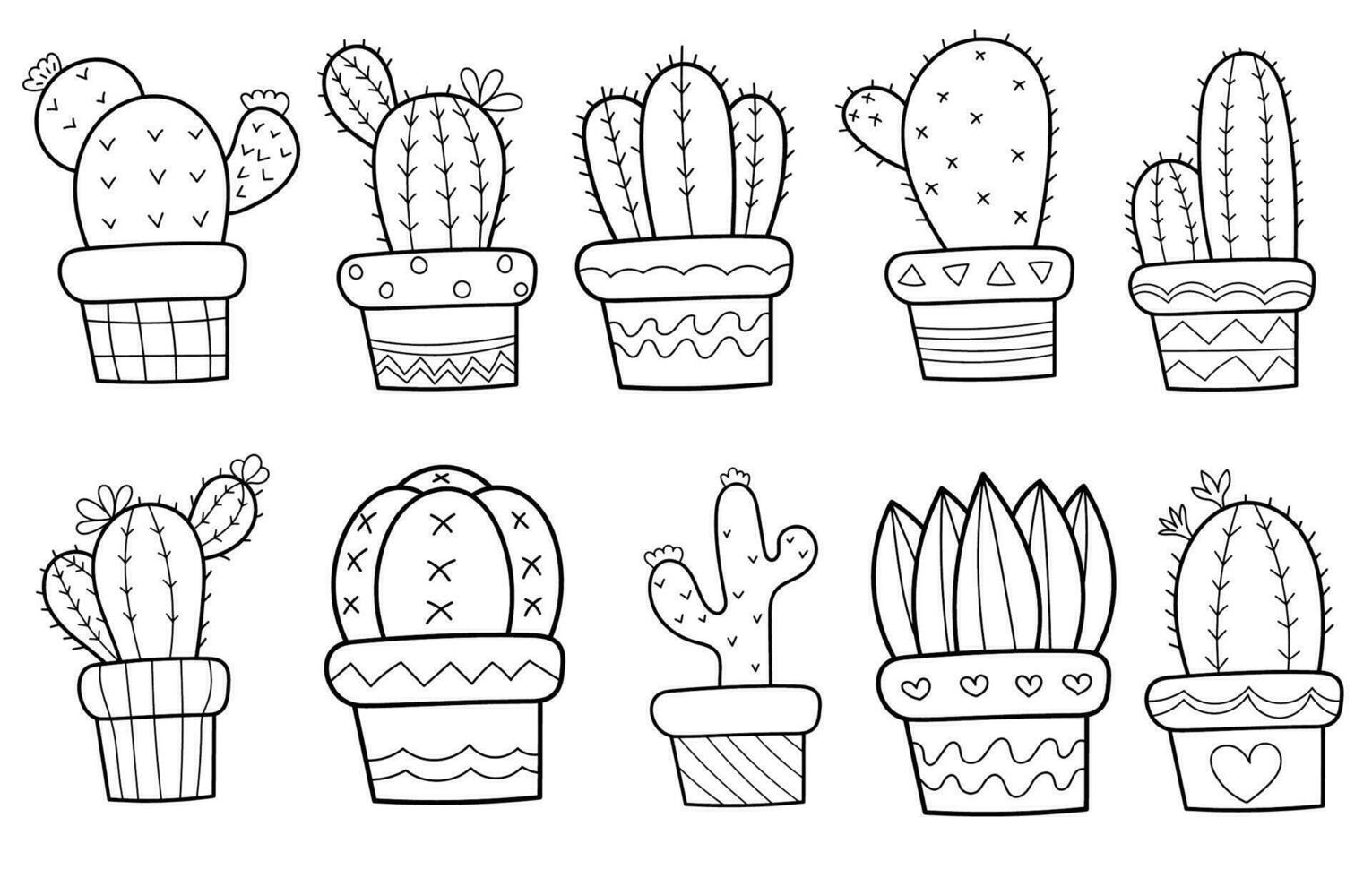 mano dibujado garabatear contorno cactus en ollas, botánico interior flores para colorante, imprimir, planificadores vector dibujos animados higge plano estilo.