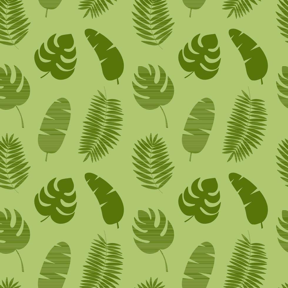 Vector tropical palm leaves seamless pattern. Monstera leaf and banana palm leaves on green background