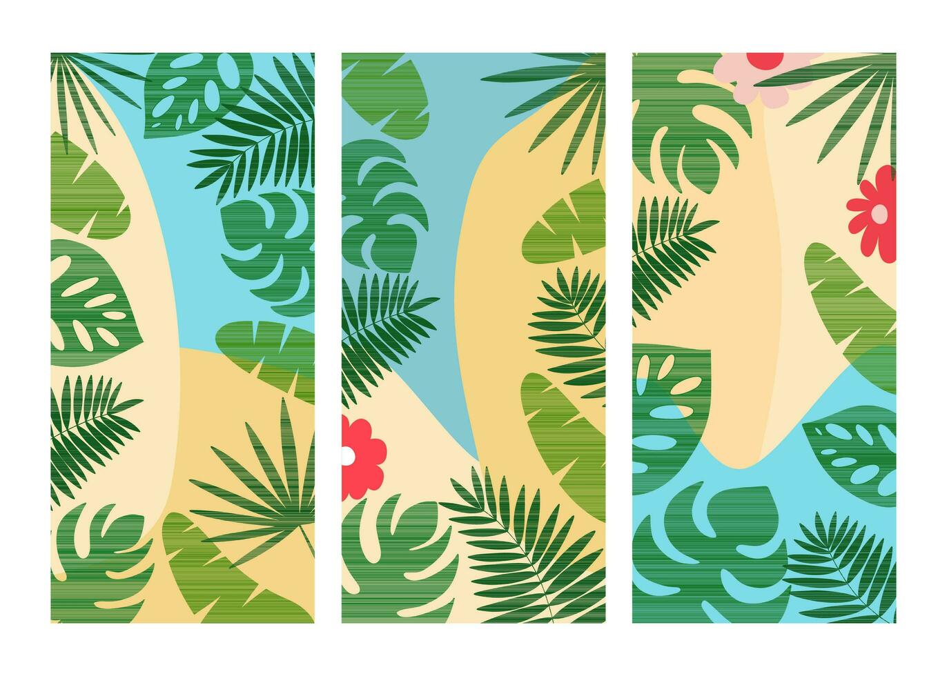 Tropical leaves templates for social network stories vector set. Vector vertical modern stories with tropical jungle leaves