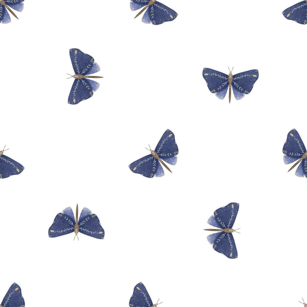 seamless pattern with Mystical luna moth vector illustrations, cute cartoon batterfly. Celestial night butterfly. Magic insect on white background. Design for wrapping paper, wall art, magical card